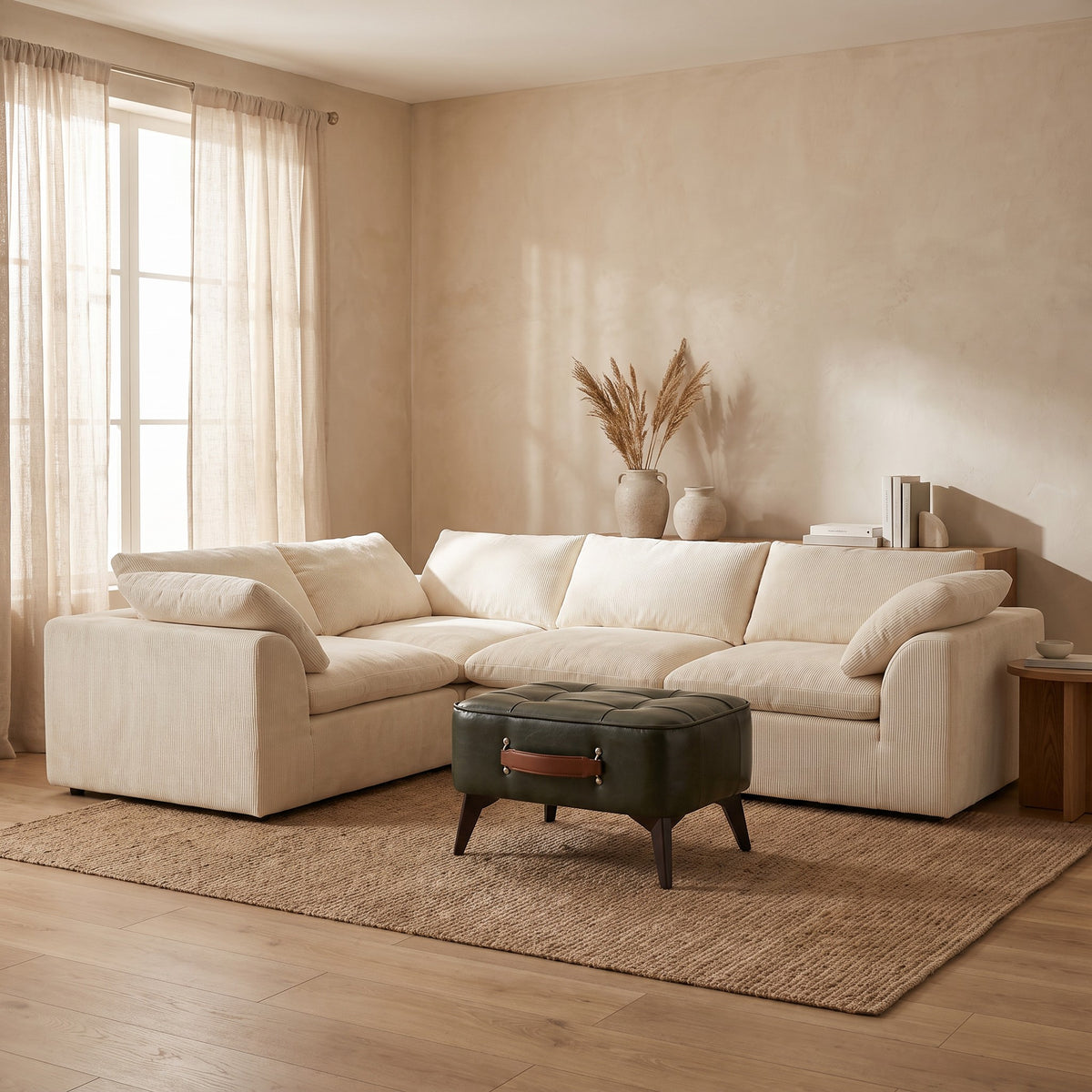 A sectional sofa and ottoman in a calm living room with warm plaster walls and a white oak floor
