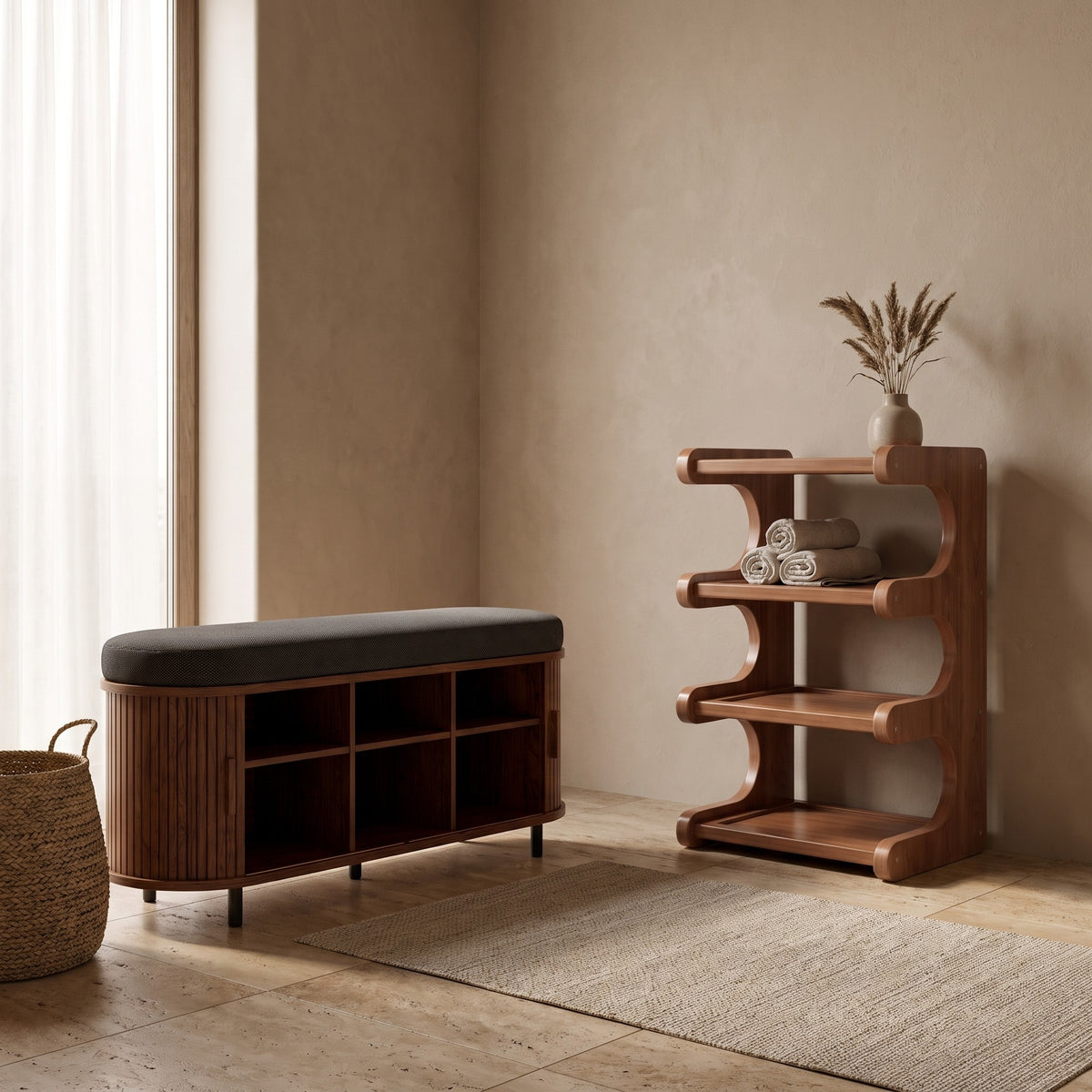 A shoe storage bench and rack in a calm entryway with a travertine floor and linen runner