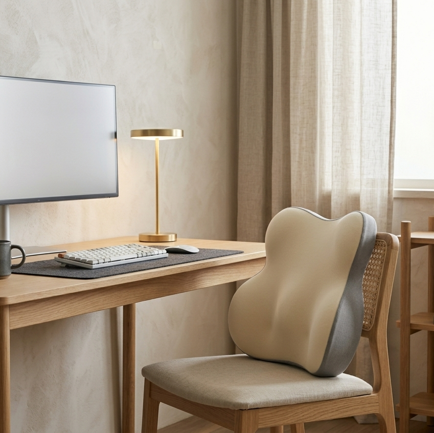 Home office setup with a desk, computer monitor, keyboard, mouse, and a backrest pillow on a chair.