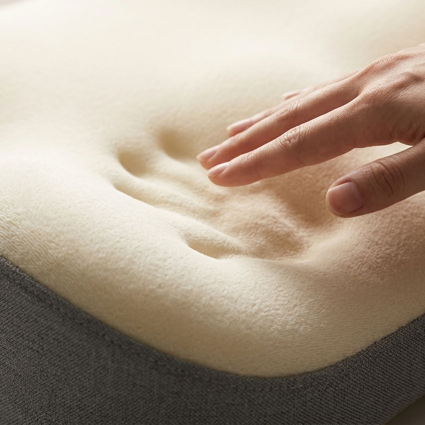 Hand touching a soft mattress topper with a blurred background