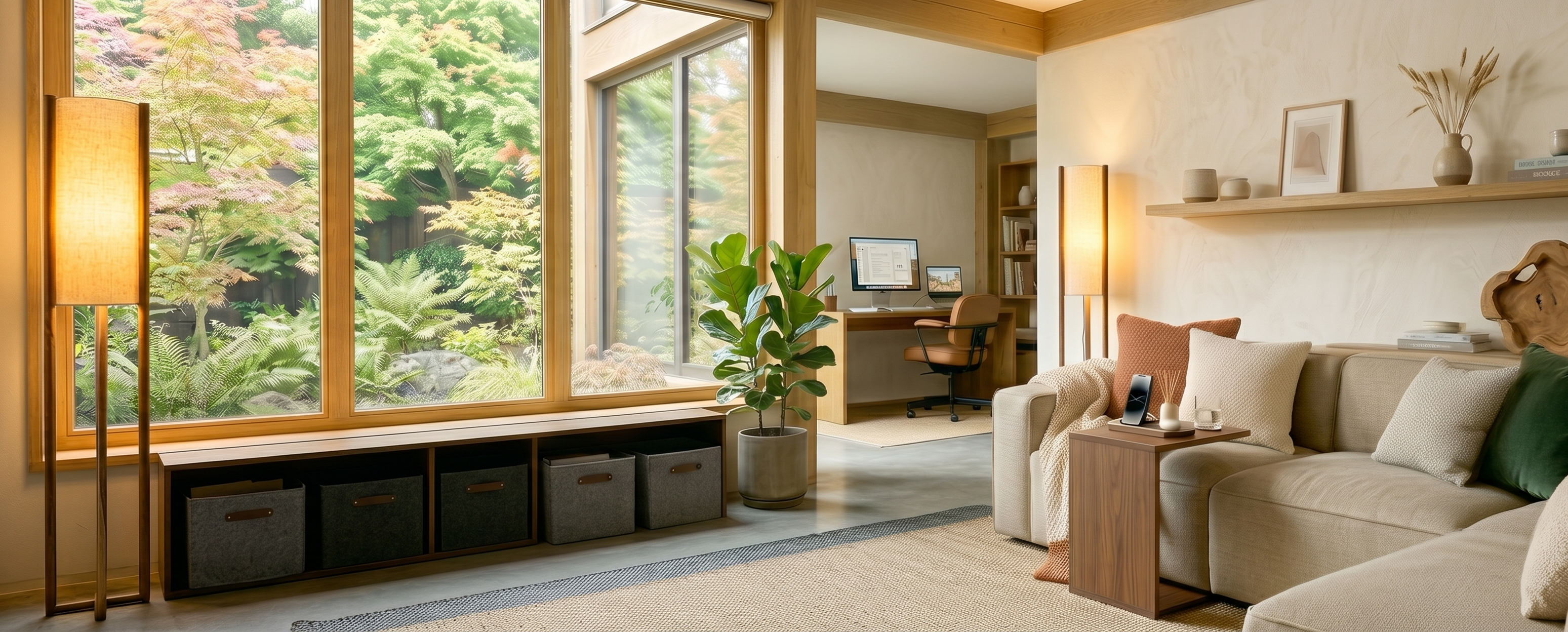Modern living room with large windows, sofa, and decorative items.