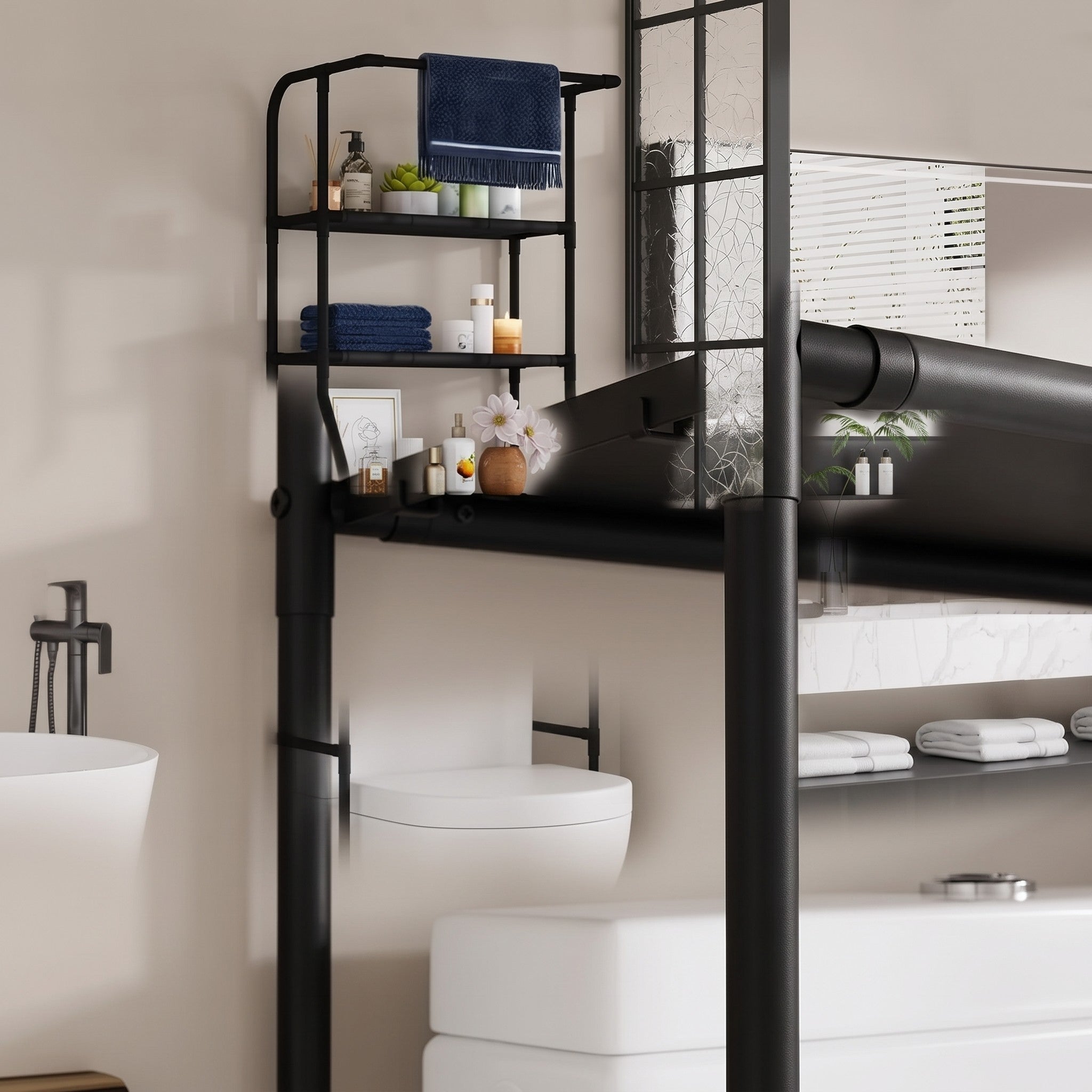 Close-up detail of iron over-toilet storage shelf