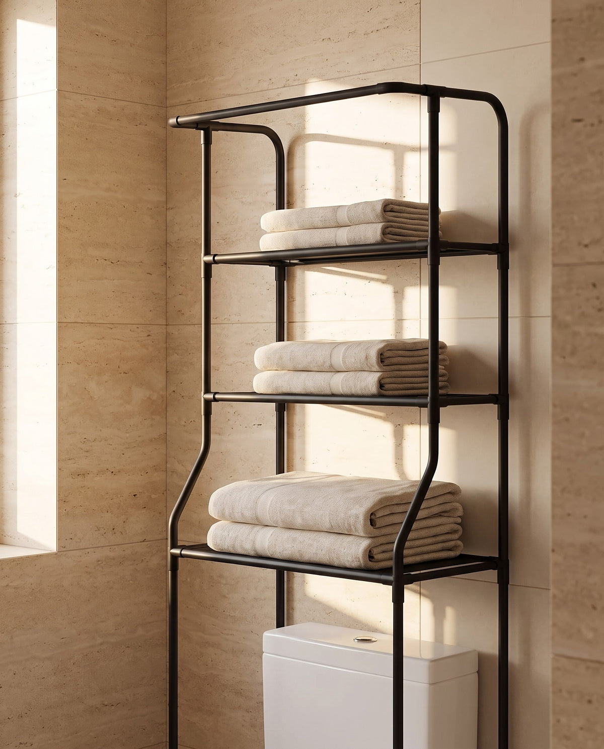 Iron over-toilet storage shelf styled in a bathroom scene