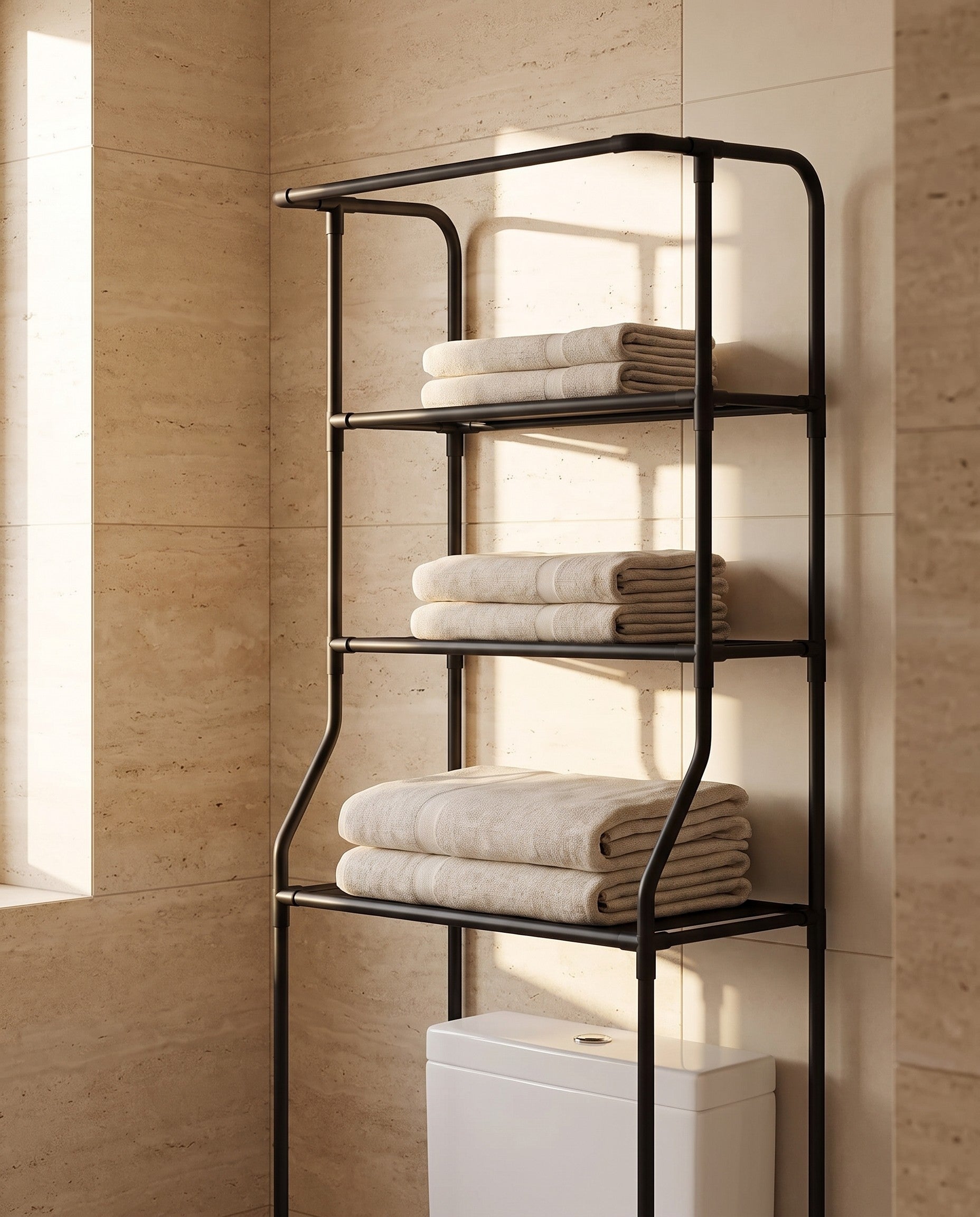Iron over-toilet storage shelf styled in a bathroom scene