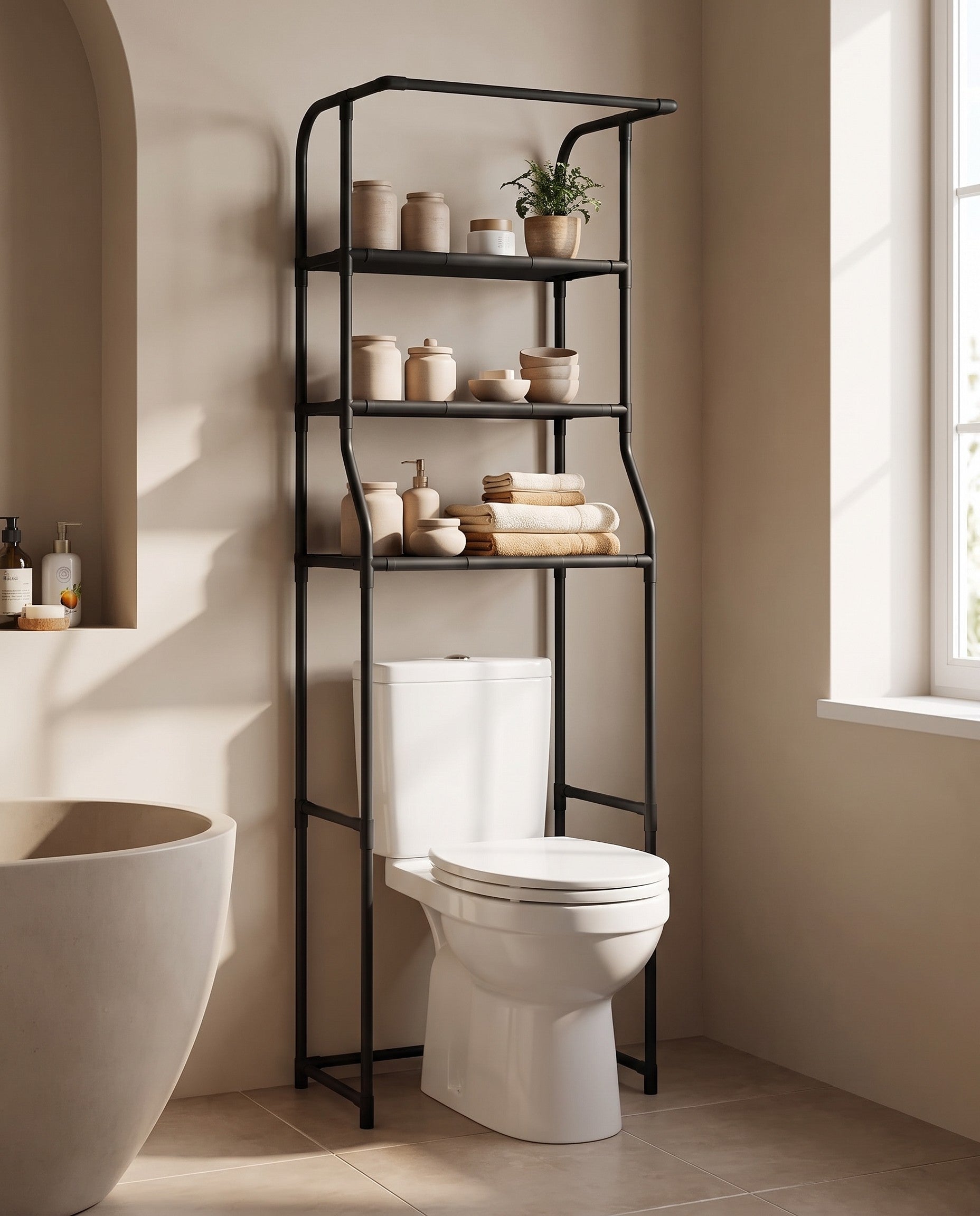 Iron over-toilet storage shelf in a warm minimalist bathroom