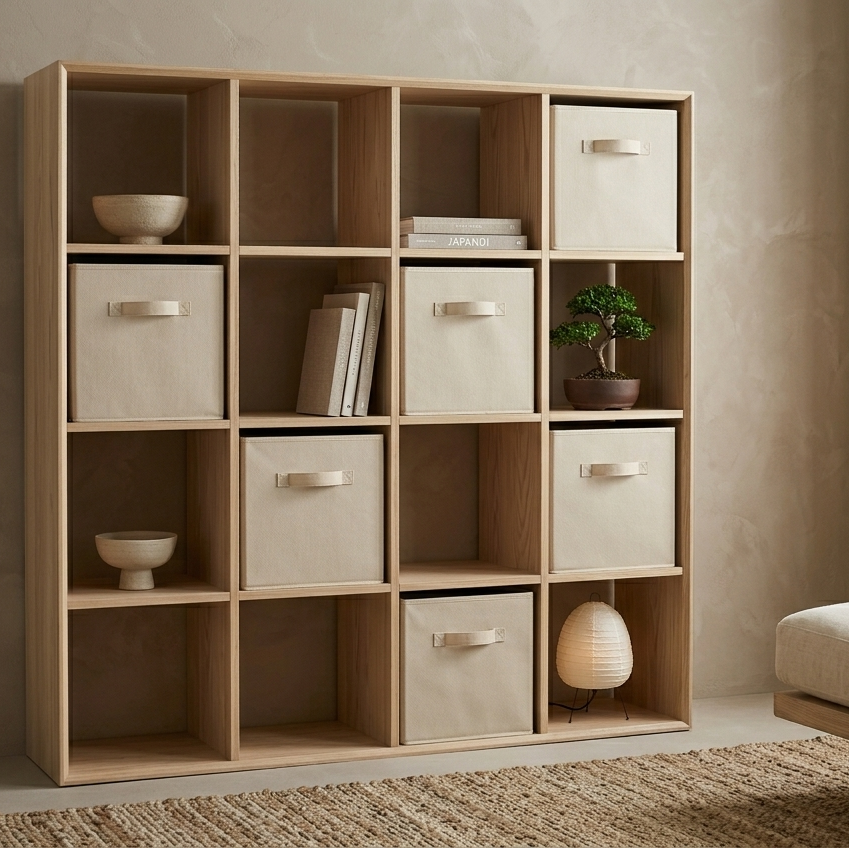 Wooden storage unit with shelves and drawers in a room with a sofa and rug.