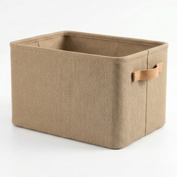 Beige storage basket with a handle on a white background
