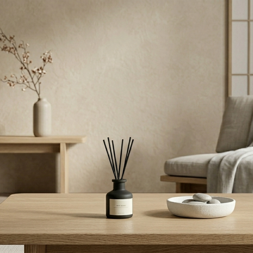 Black reed diffuser on a side table
