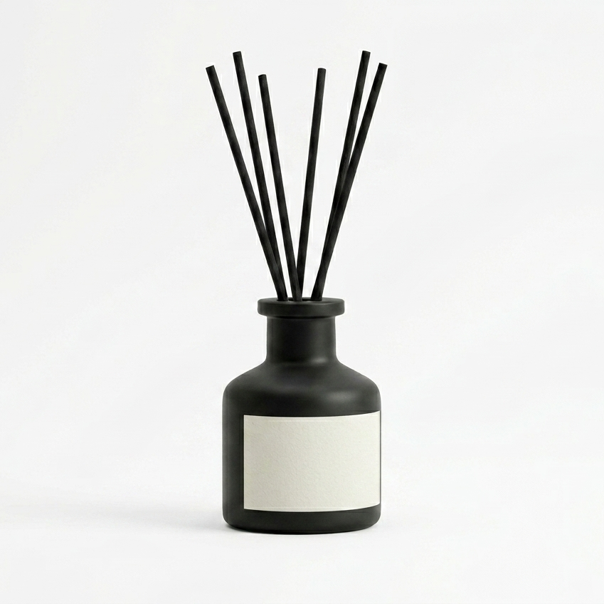 Reed diffuser in a black bottle, white background