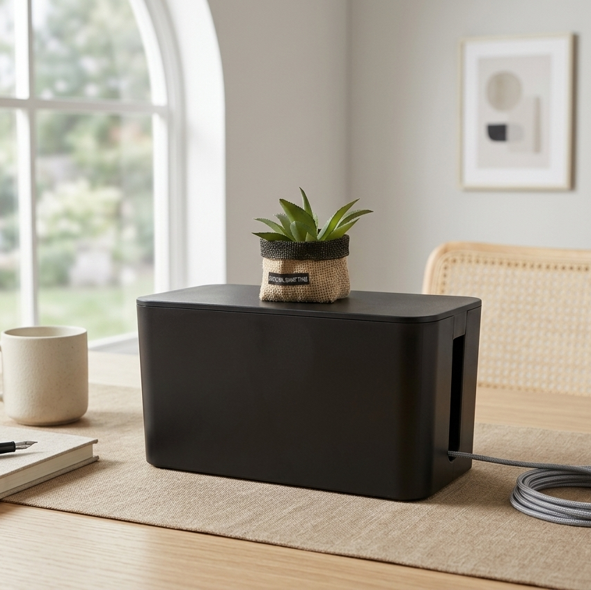 Black cable management box on a table