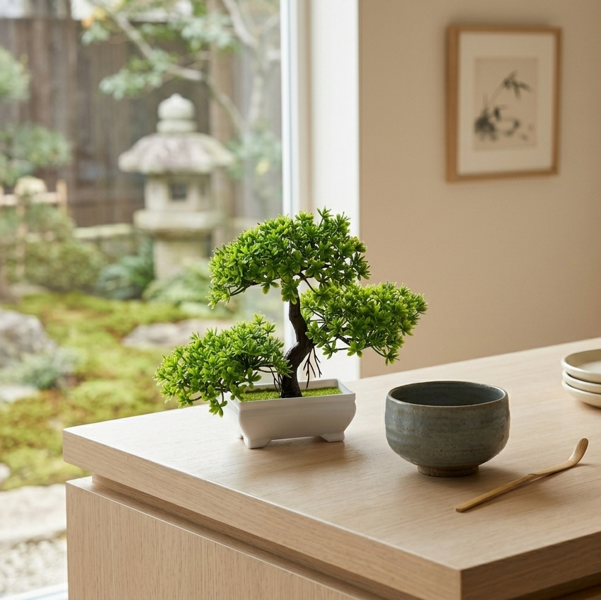 Table setting with bonsai tree, bowls, and a bottle on a wooden surface.