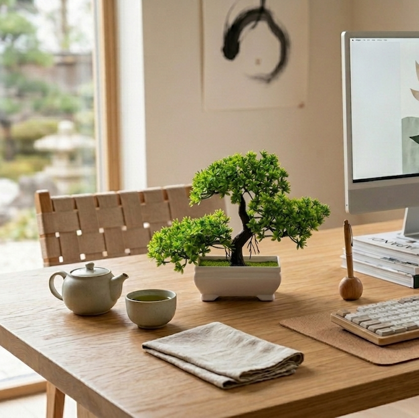 Modern office desk with computer, bonsai tree, and tea set in a bright room.
