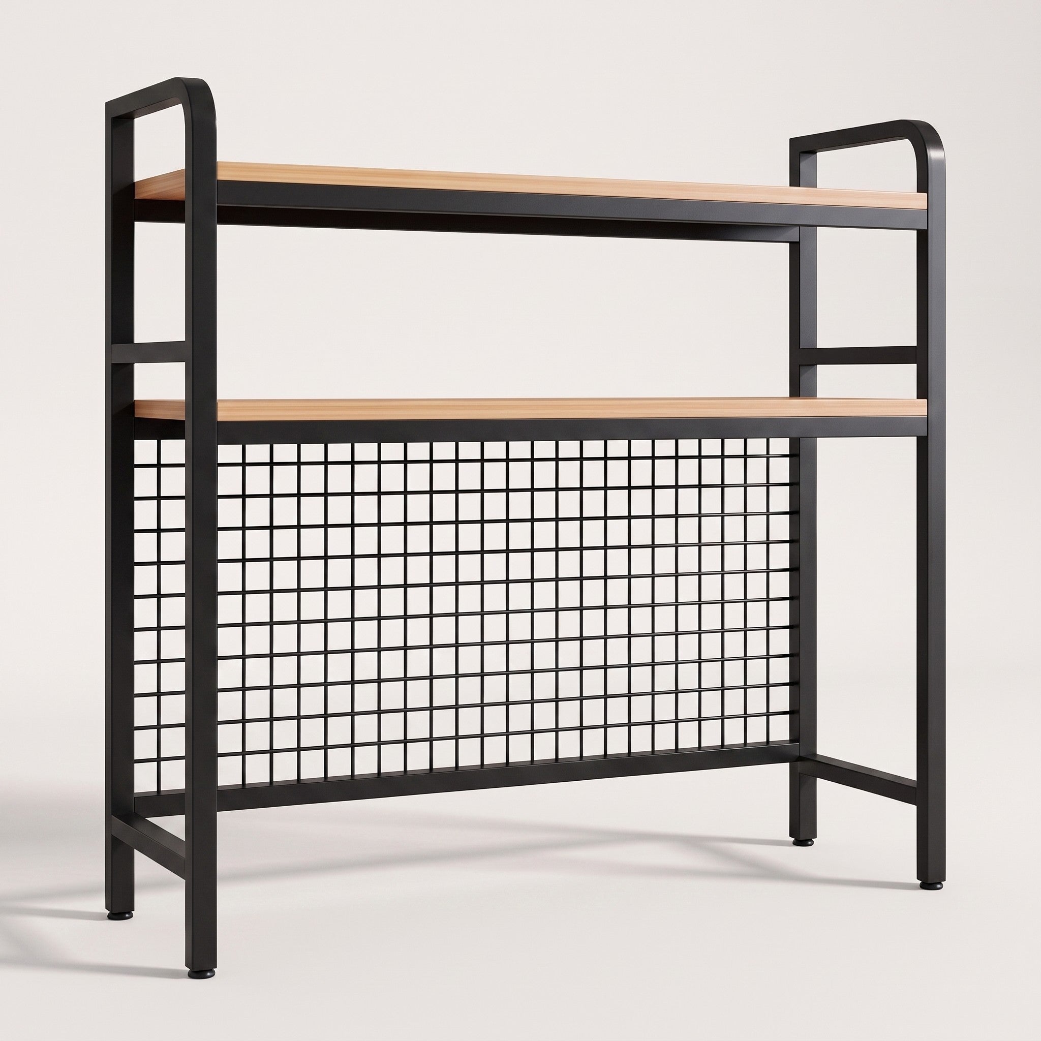 Grid-back desktop bookshelf in black, white studio packshot