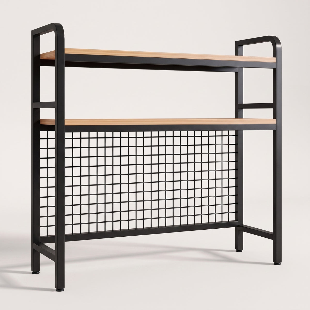 Grid-back desktop bookshelf in black, white studio packshot