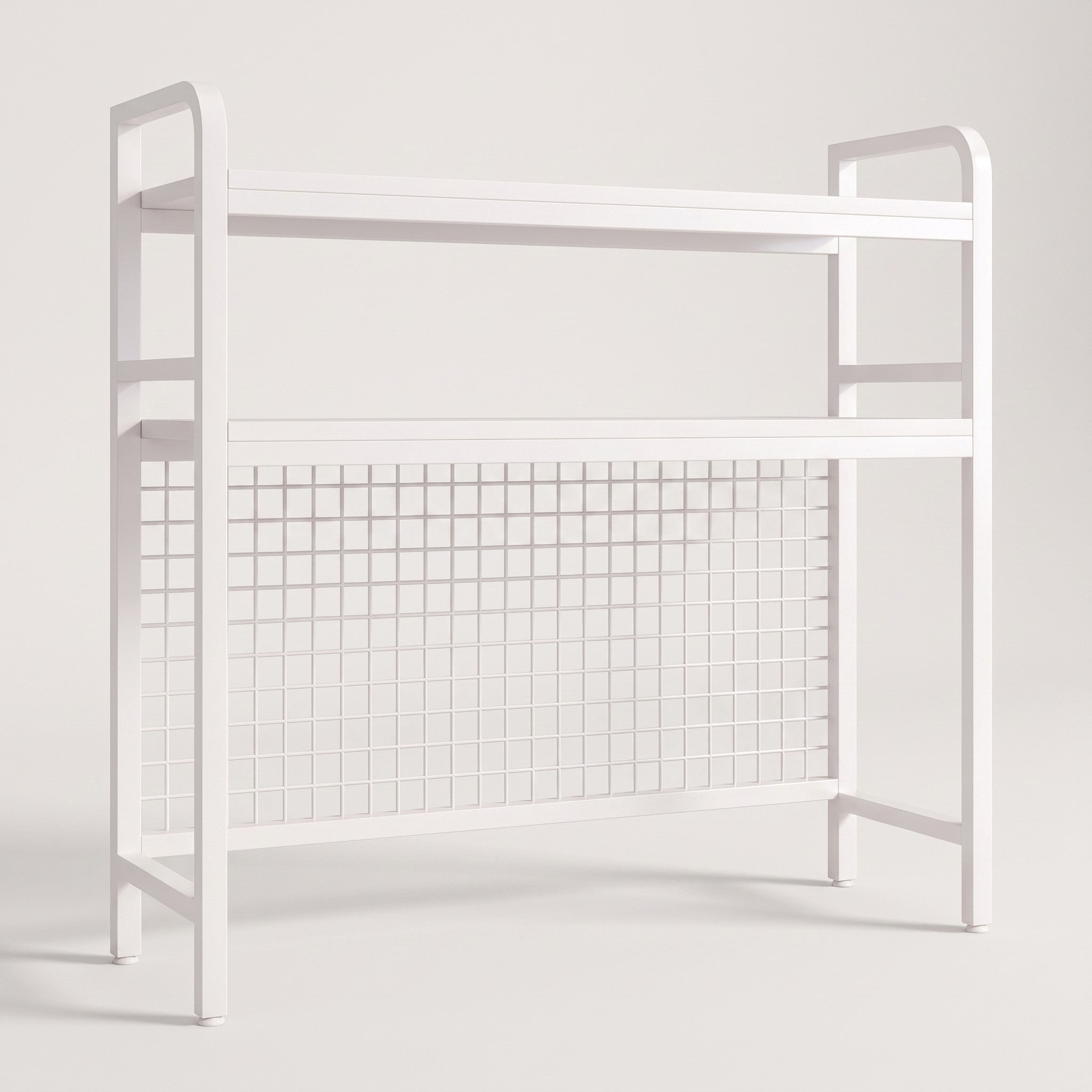 Grid-back desktop bookshelf in white, white studio packshot