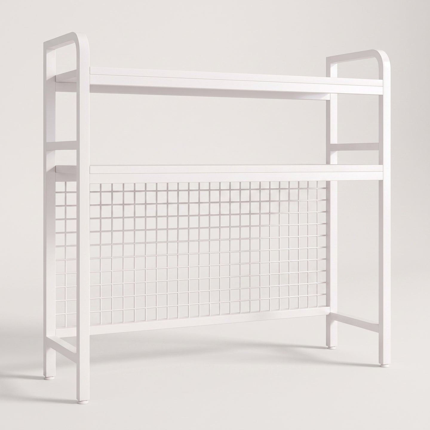 Grid-back desktop bookshelf in white, white studio packshot