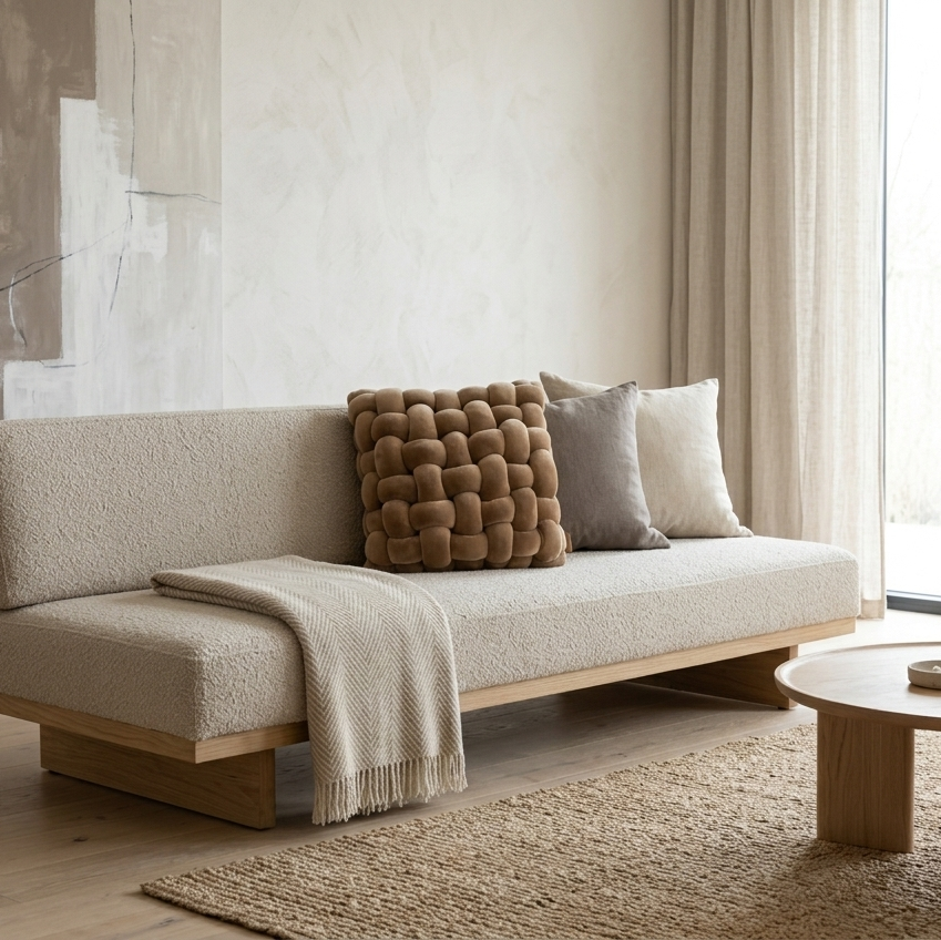 Russet chunky knit pillow on a sofa