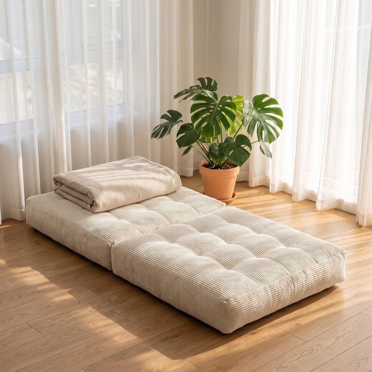Compact Corded Fabric Chair Bed unfolded flat as a lounger in a sunlit room
