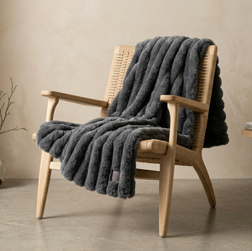 Woven chair with a dark gray blanket draped over it in a minimalistic room.