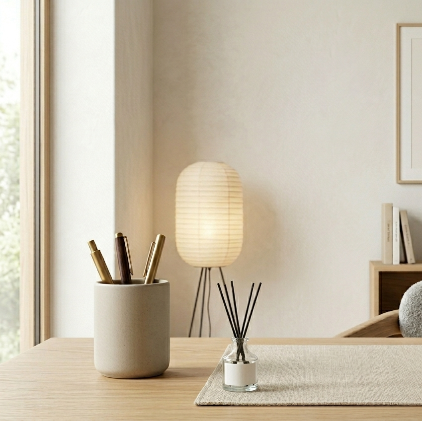 Clear reed diffuser on a desk with books