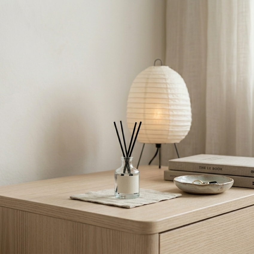 Clear reed diffuser on a wooden side table
