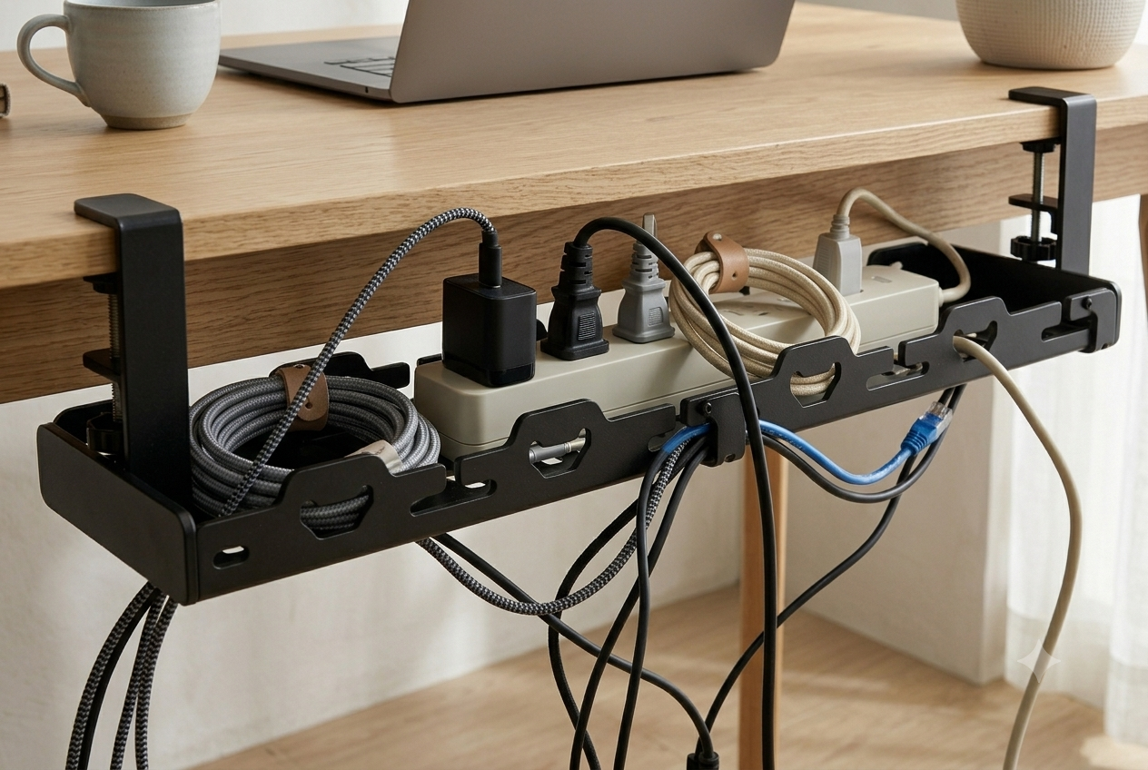 Cable organizer on a desk with cables and power strips