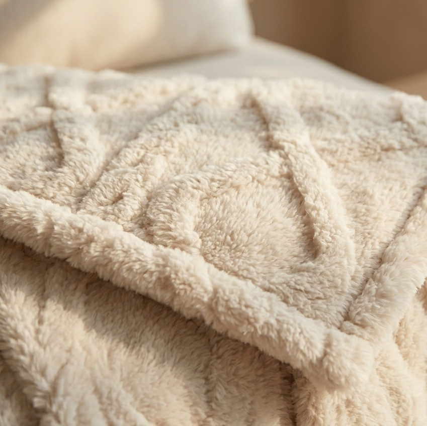 Close-up of a textured beige blanket on a wooden surface