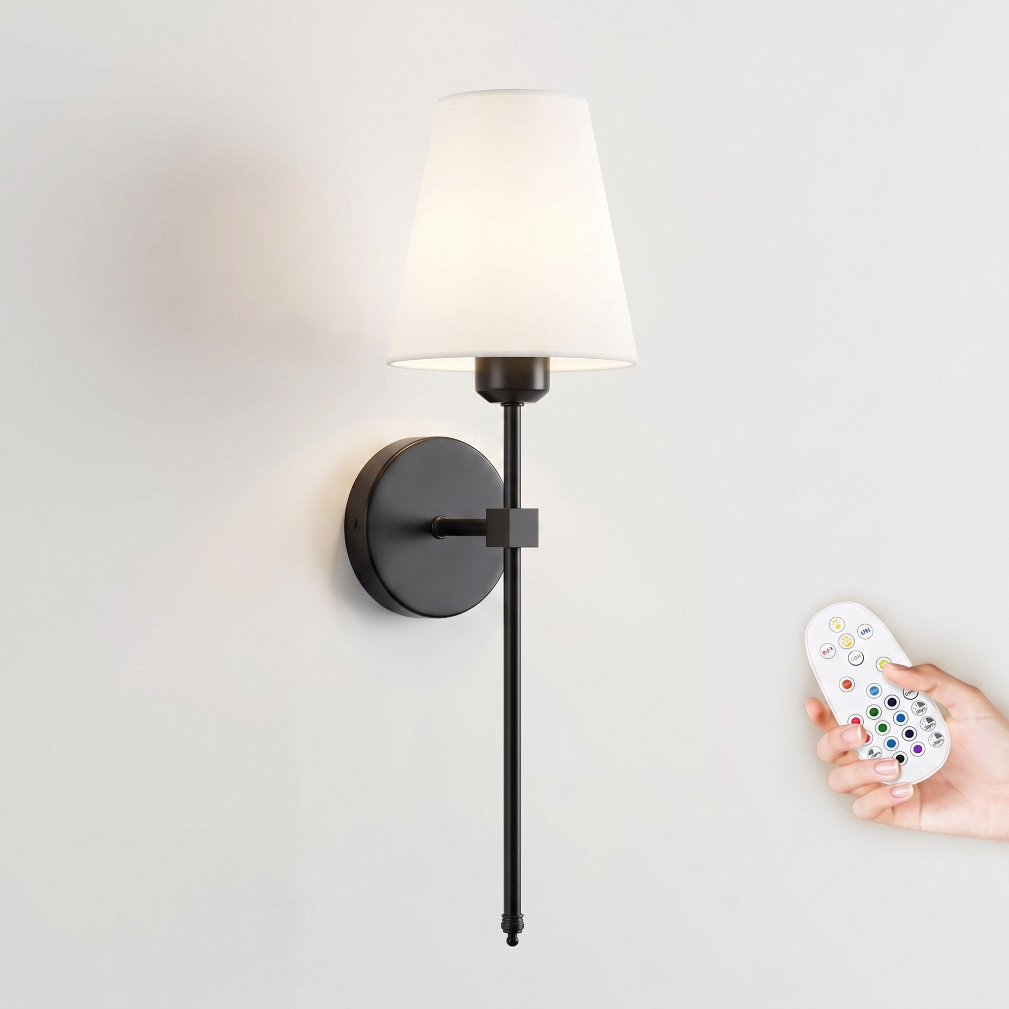 Wall Sconce, Cordless Fabric Shade, 2000mAh USB-C Rechargeable, 10-Level Dimmable, 3 White Tones, 12 RGB Colors, Remote Included, Set of 2, Black