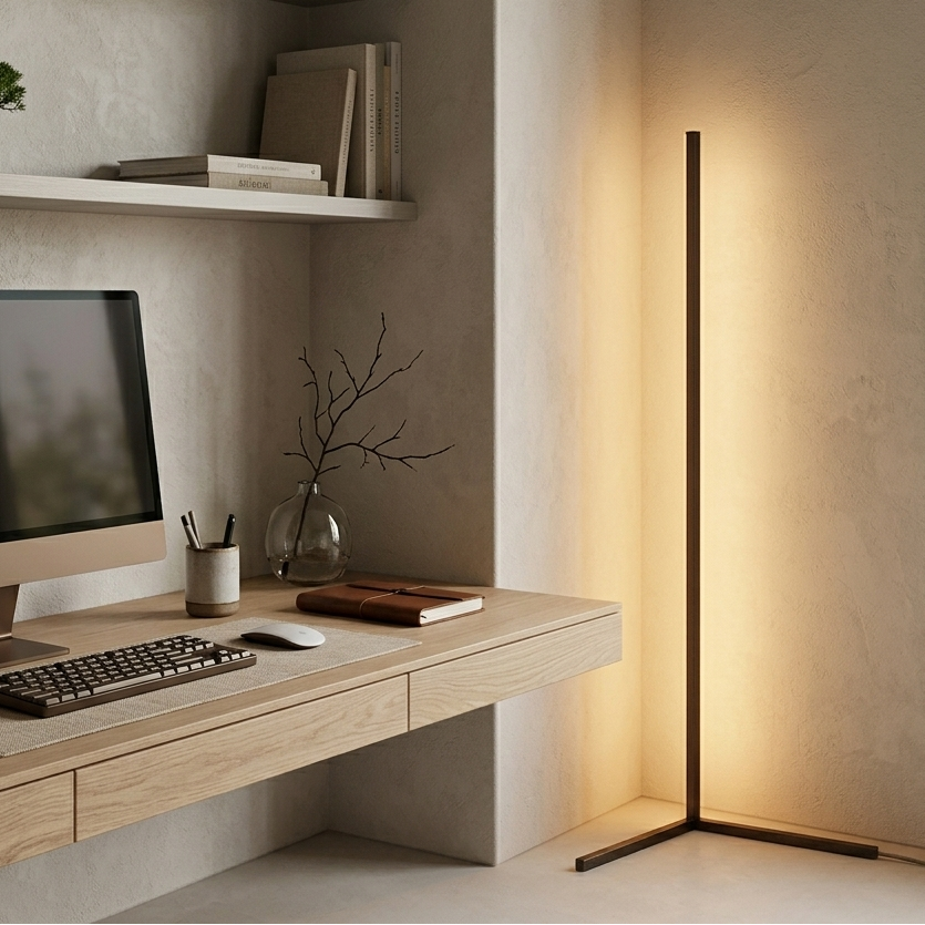 Modern home office with a desk, computer monitor, and lamp.