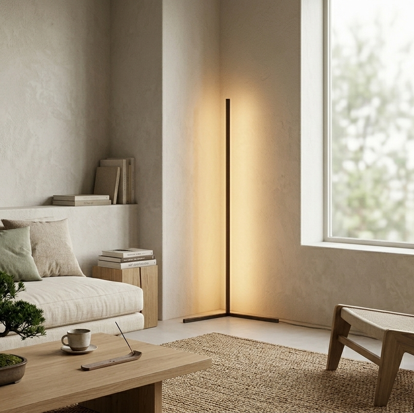Modern living room with a floor lamp, sofa, coffee table, and large window.