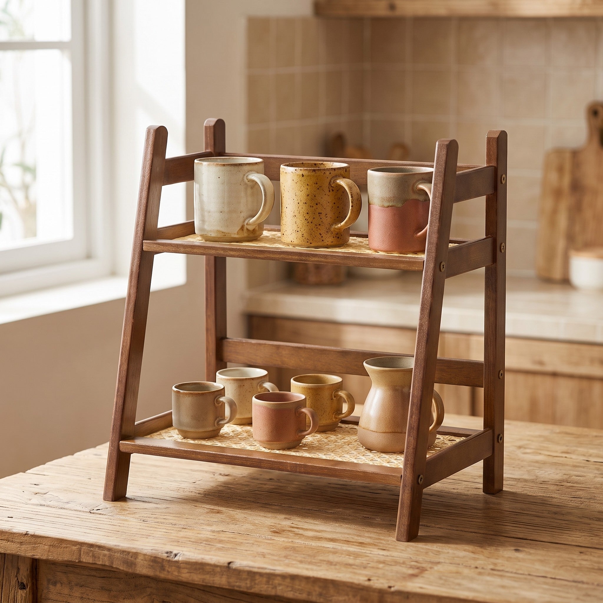 Bamboo cup shelf with ceramic cups arranged on both tiers