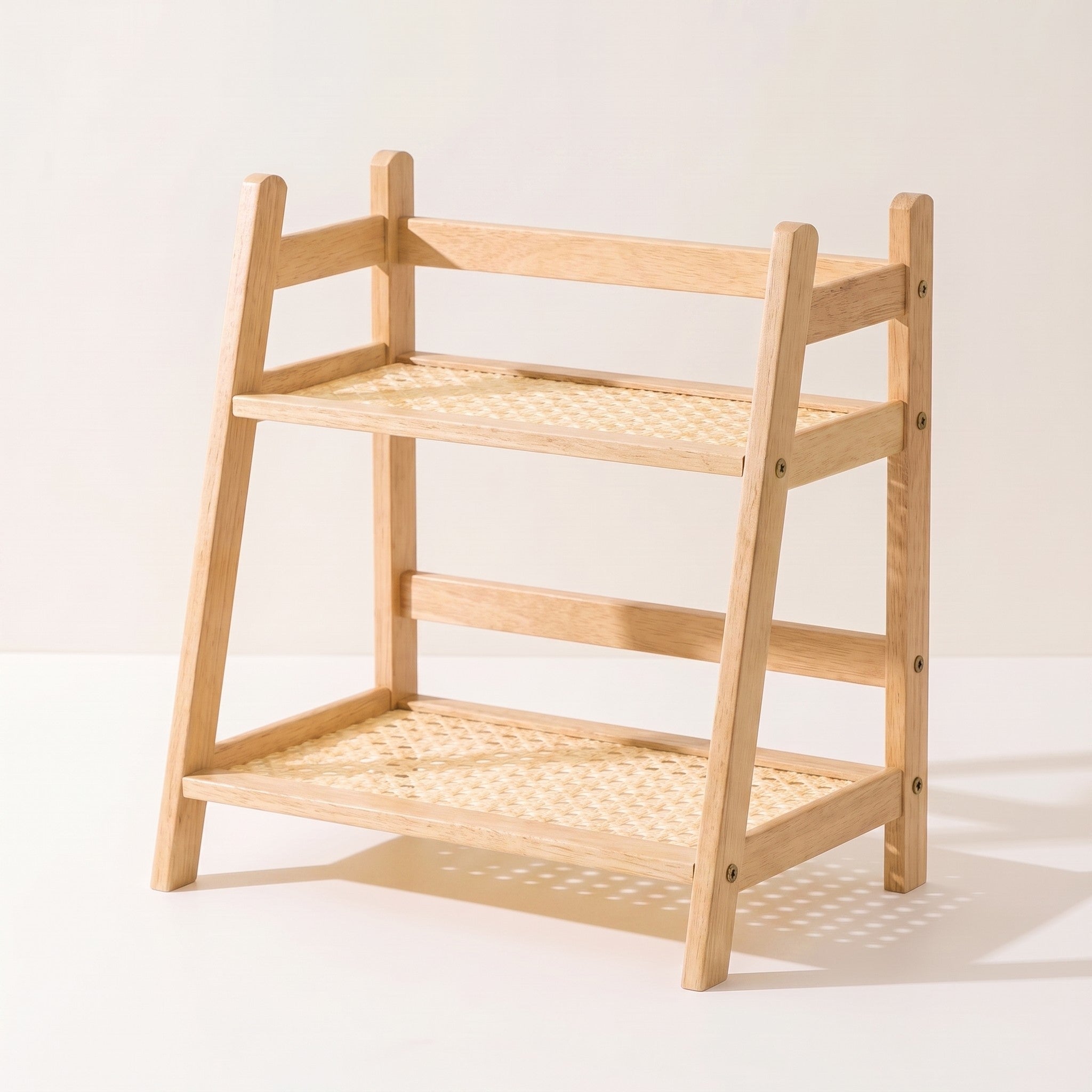 Two-tier bamboo cup shelf, natural tone, white background