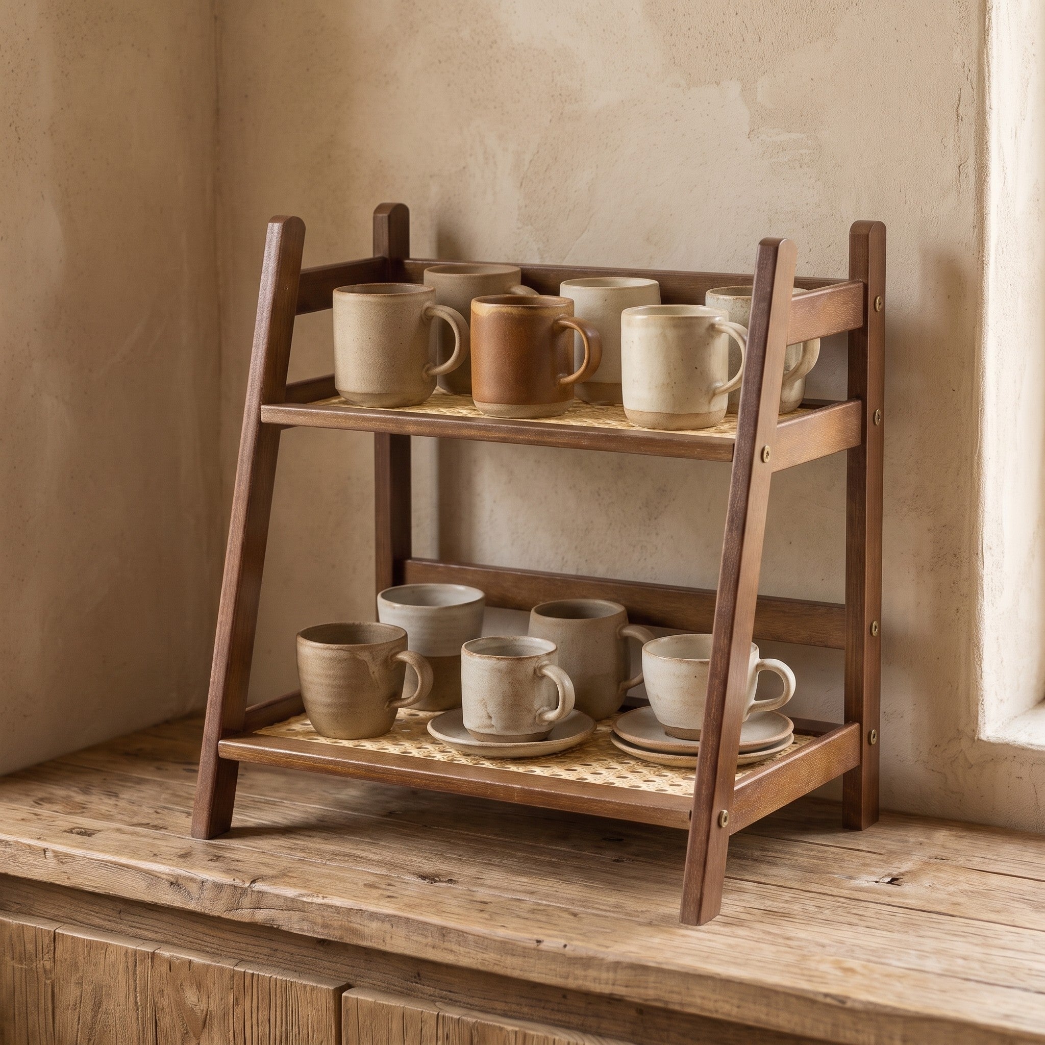 Bamboo cup shelf styled on a kitchen counter
