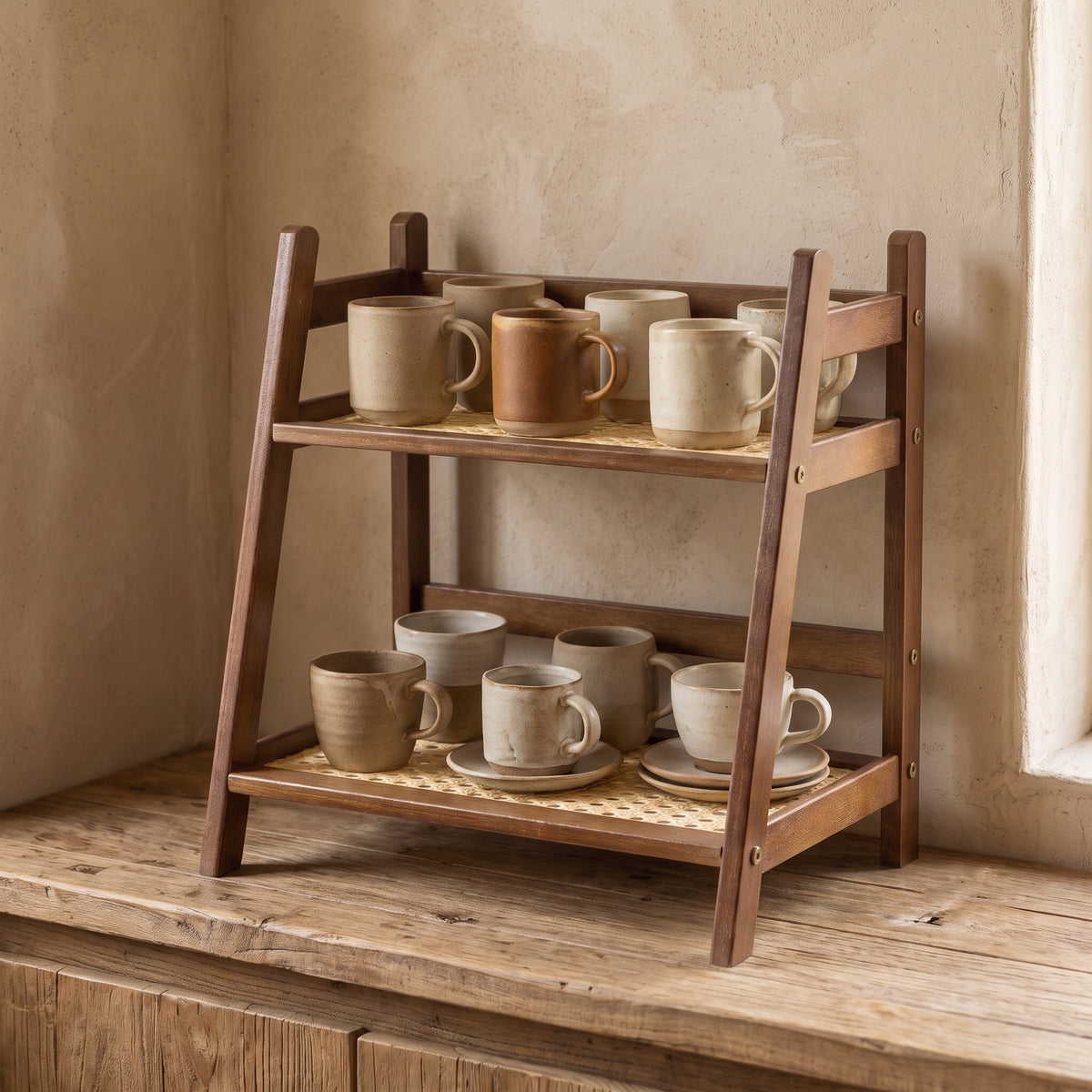 Bamboo cup shelf styled on a kitchen counter