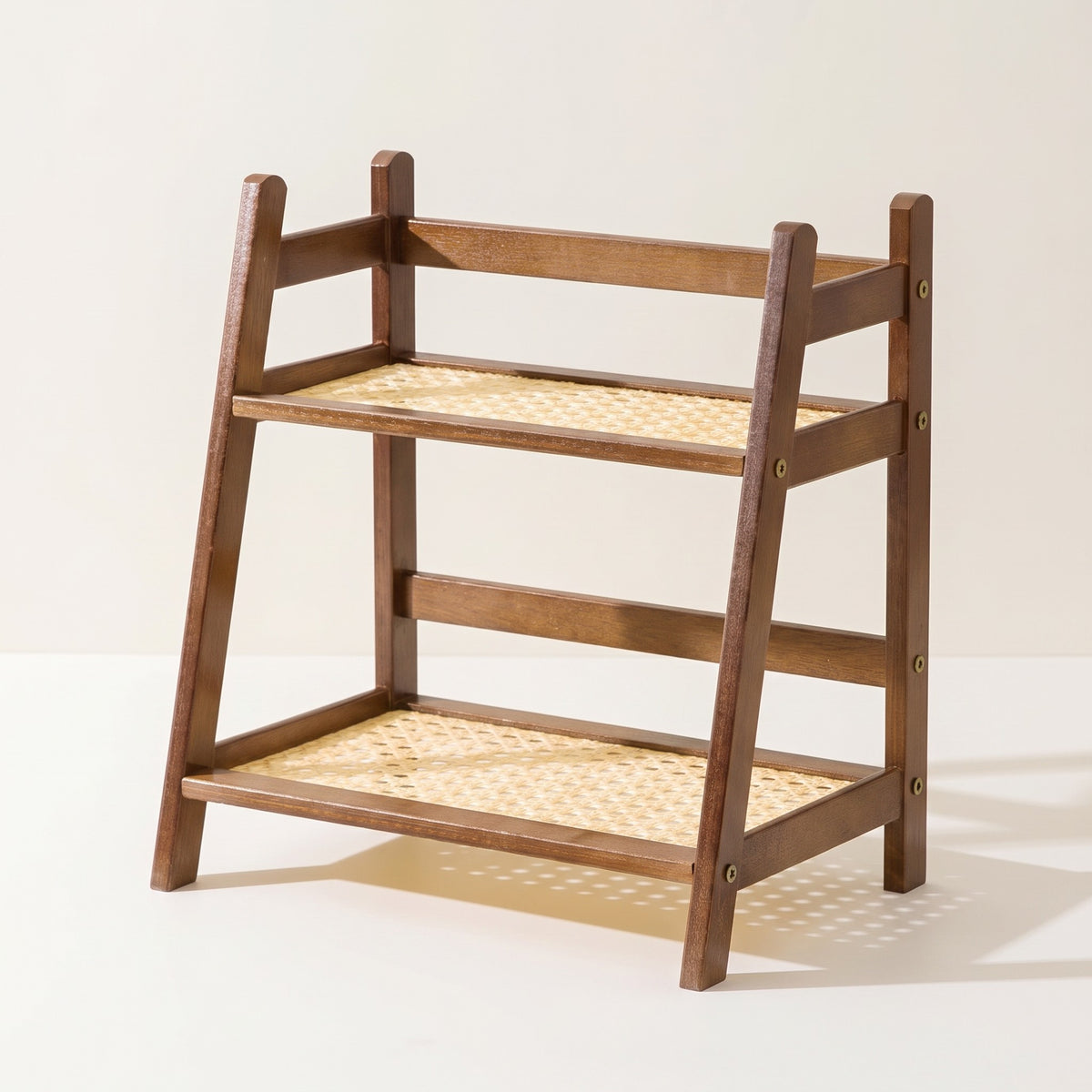 Two-tier bamboo cup shelf, toasted tone, white background
