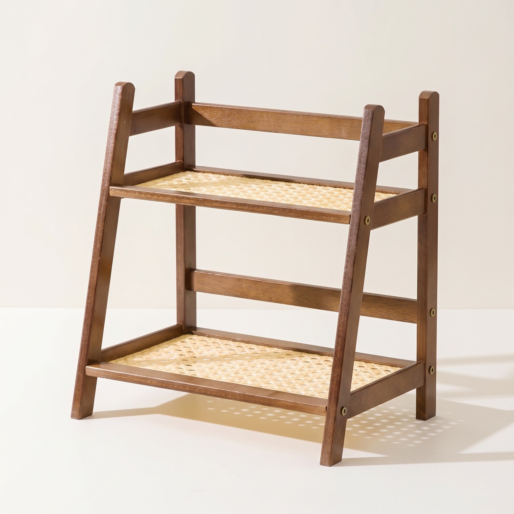 Two-tier bamboo cup shelf, toasted tone, white background