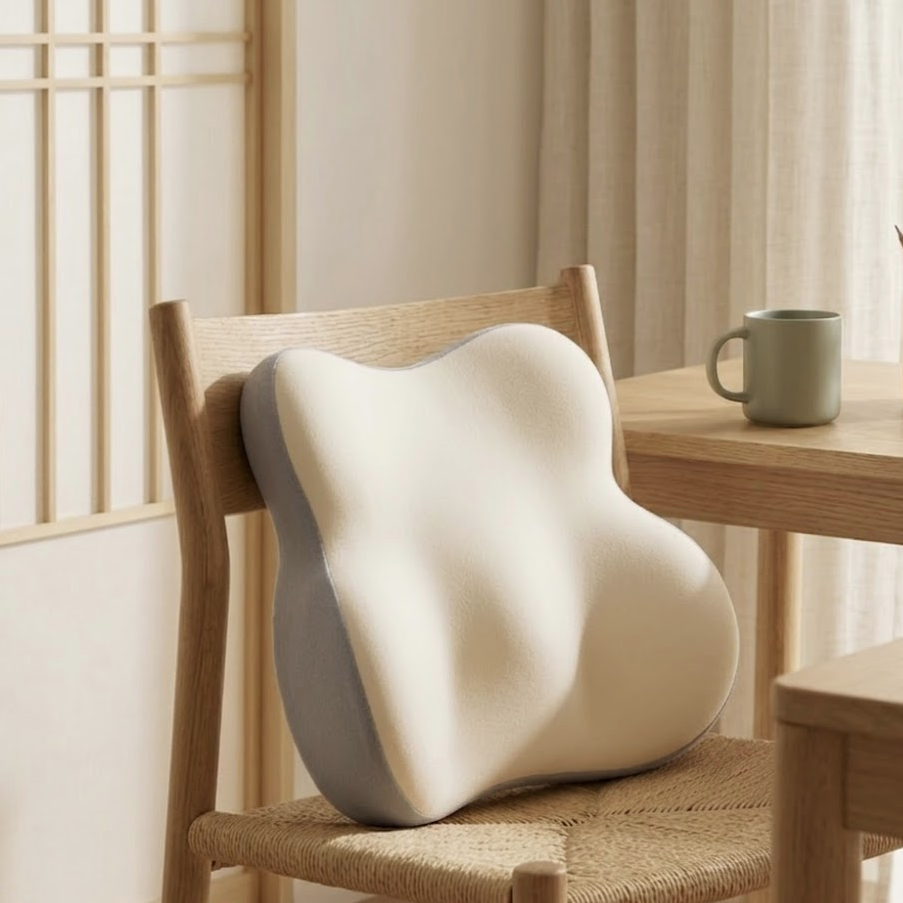 White ergonomic pillow on a wooden chair with a table and mug in the background