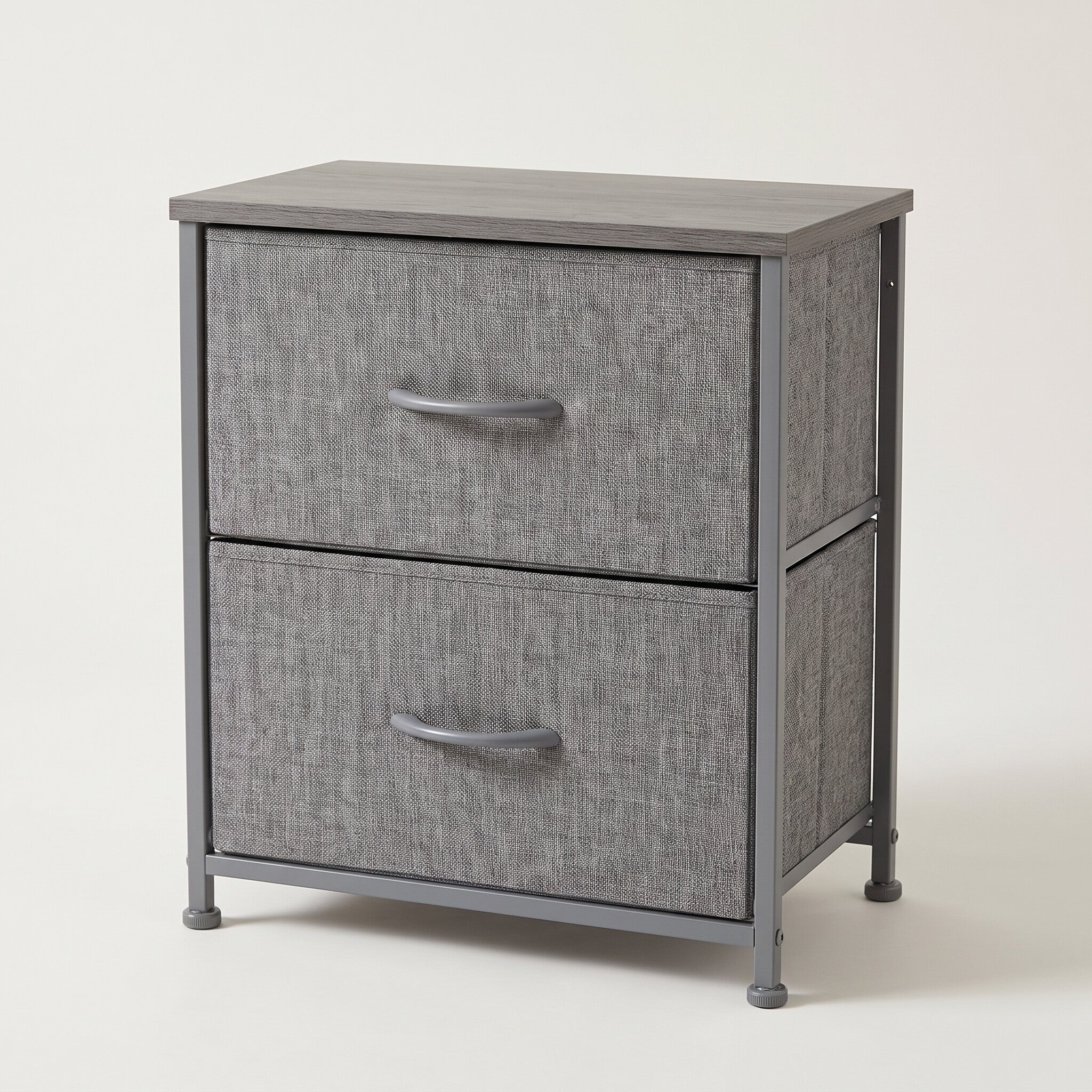 Fabric drawer nightstand, gray colorway, studio white background