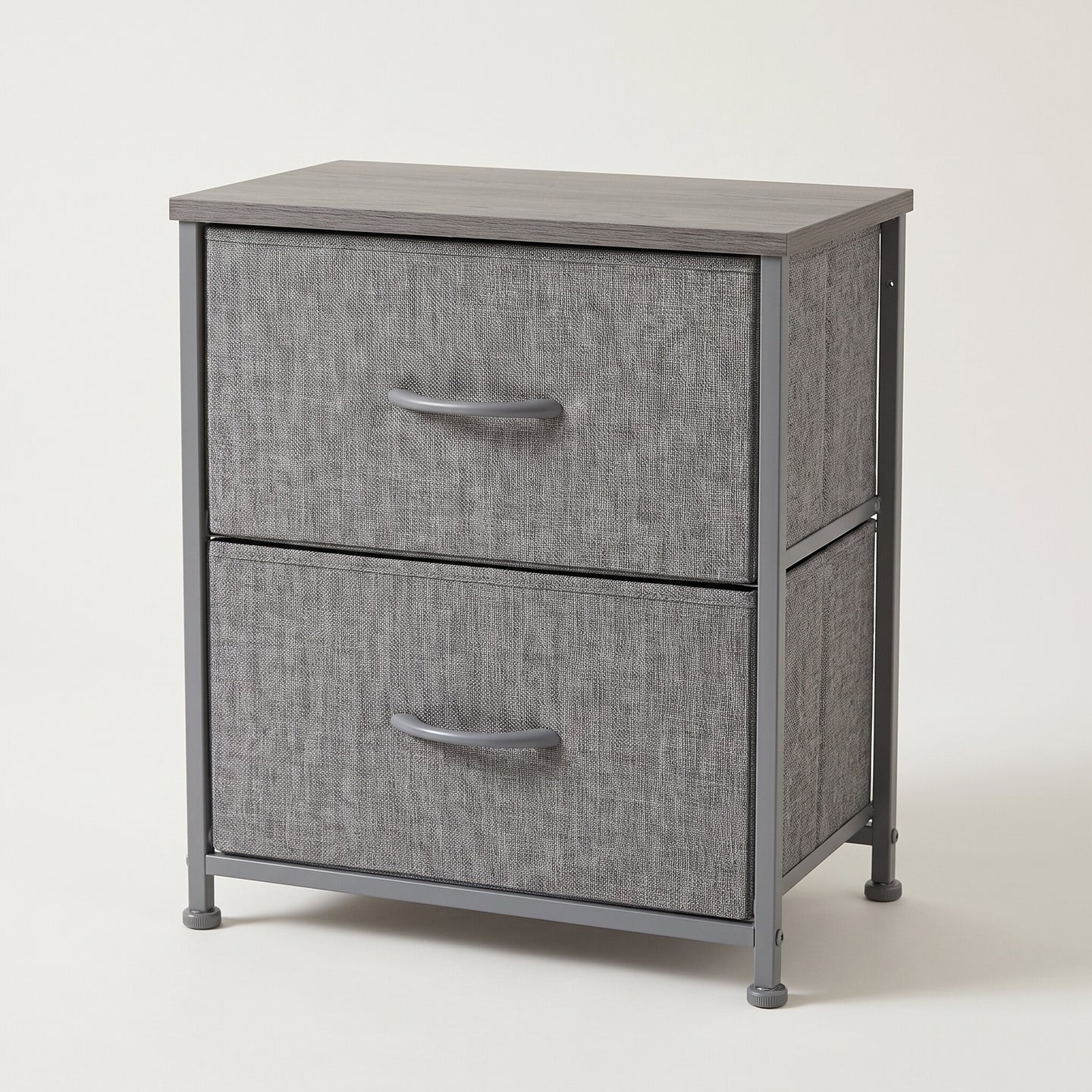 Fabric drawer nightstand, gray colorway, studio white background