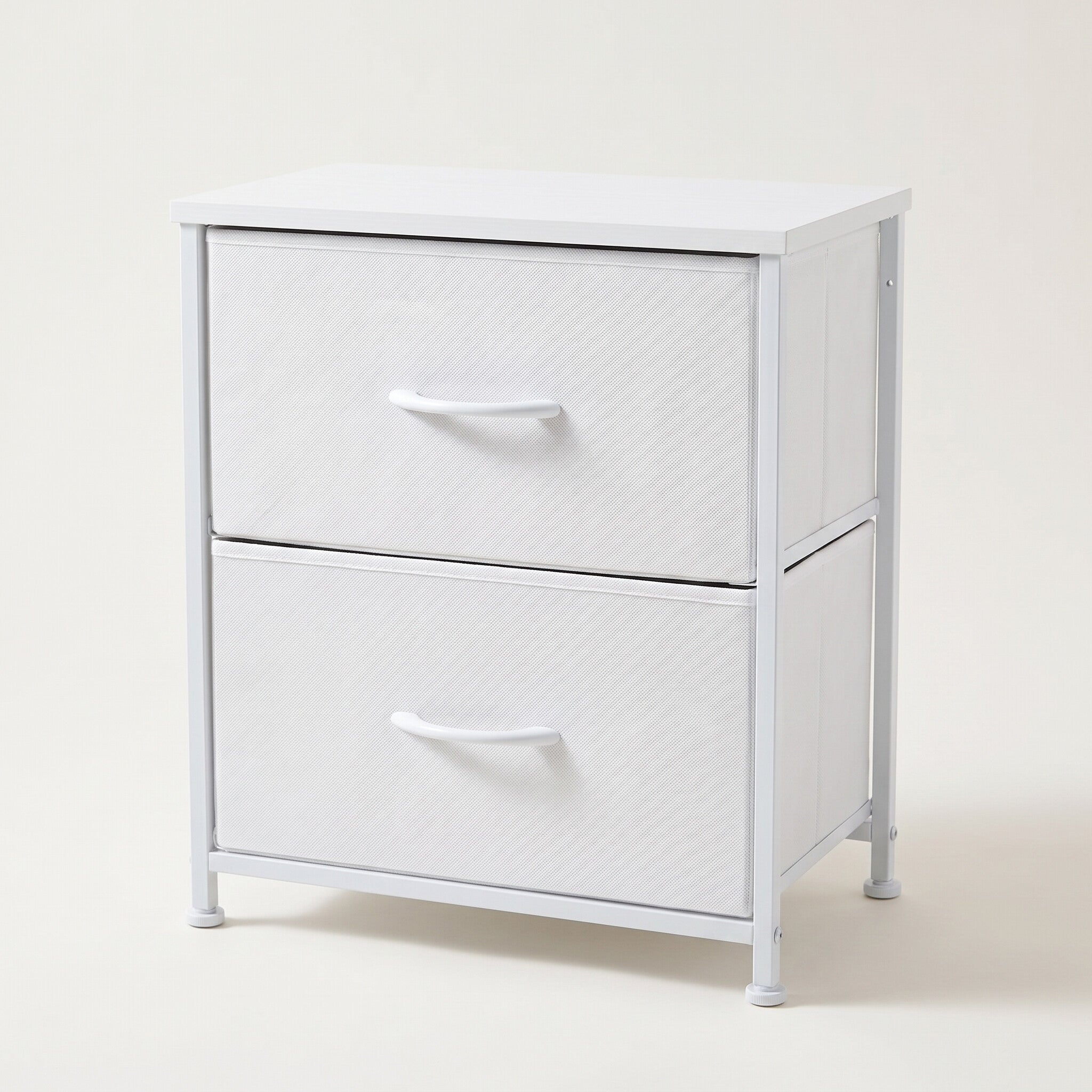 Fabric drawer nightstand, white colorway, studio white background