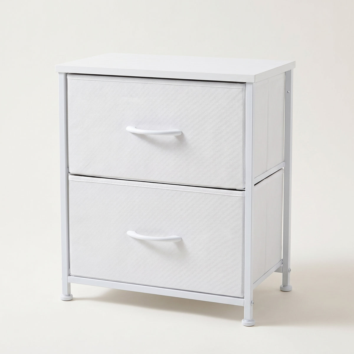 Fabric drawer nightstand, white colorway, studio white background