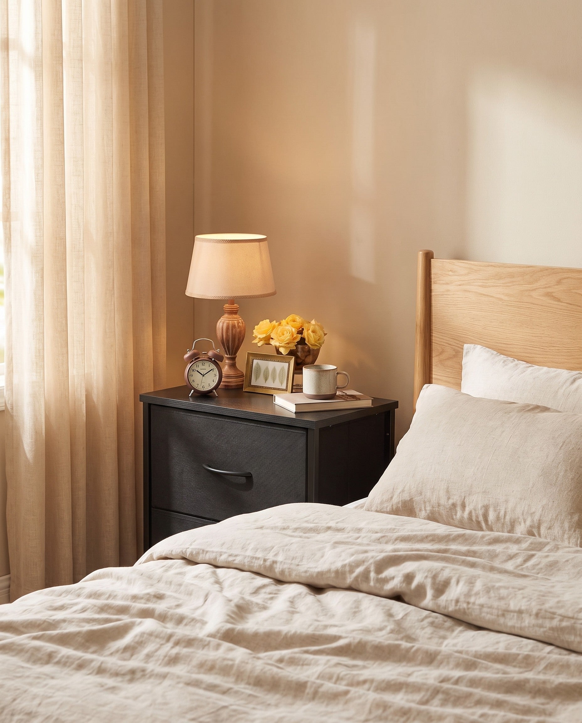 Fabric drawer nightstand styled in a bedroom scene
