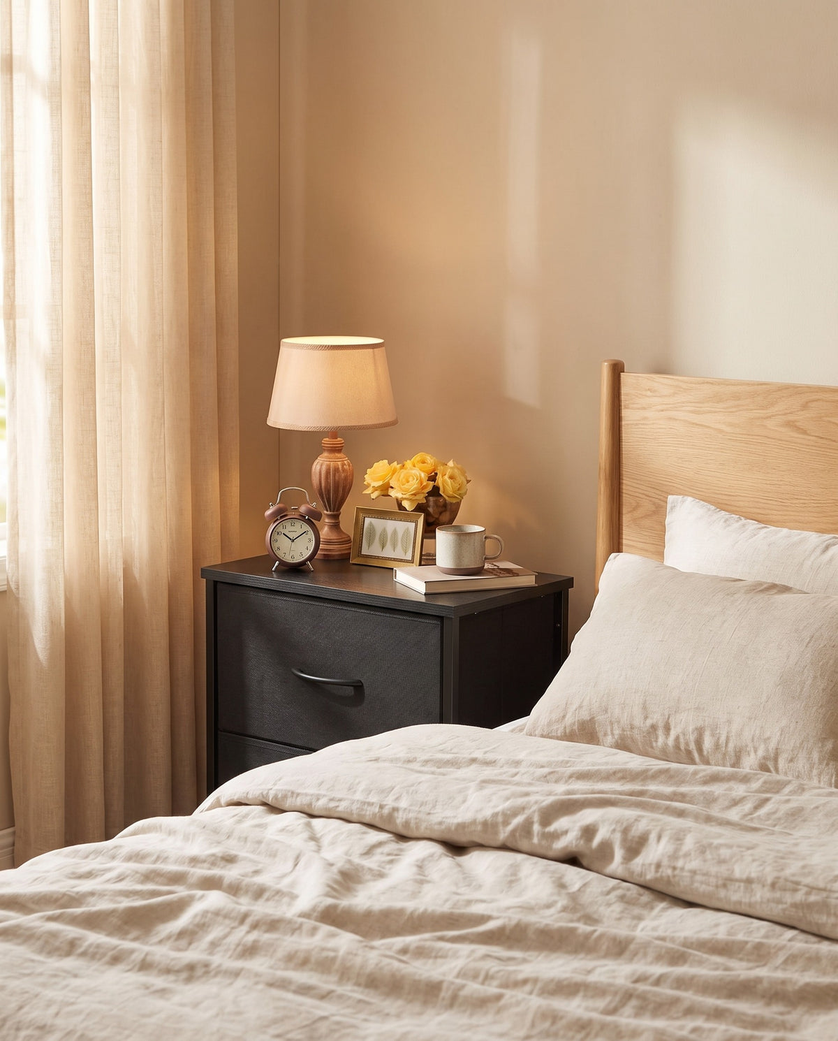 Fabric drawer nightstand styled in a bedroom scene
