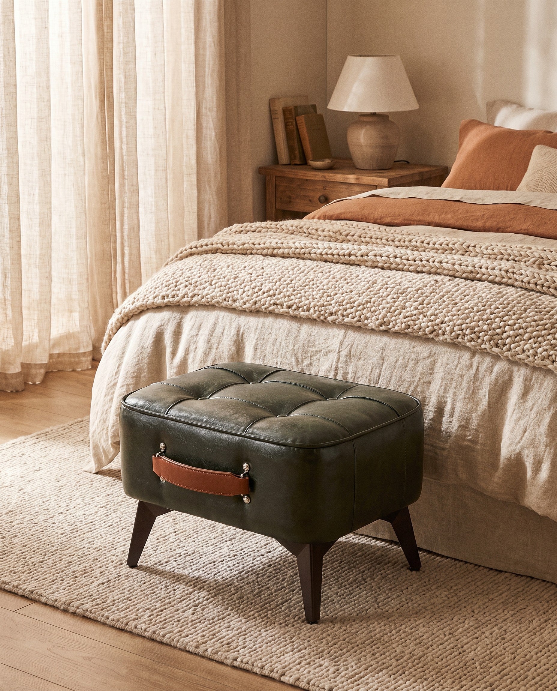 Tufted faux leather ottoman in a warm minimalist room setting