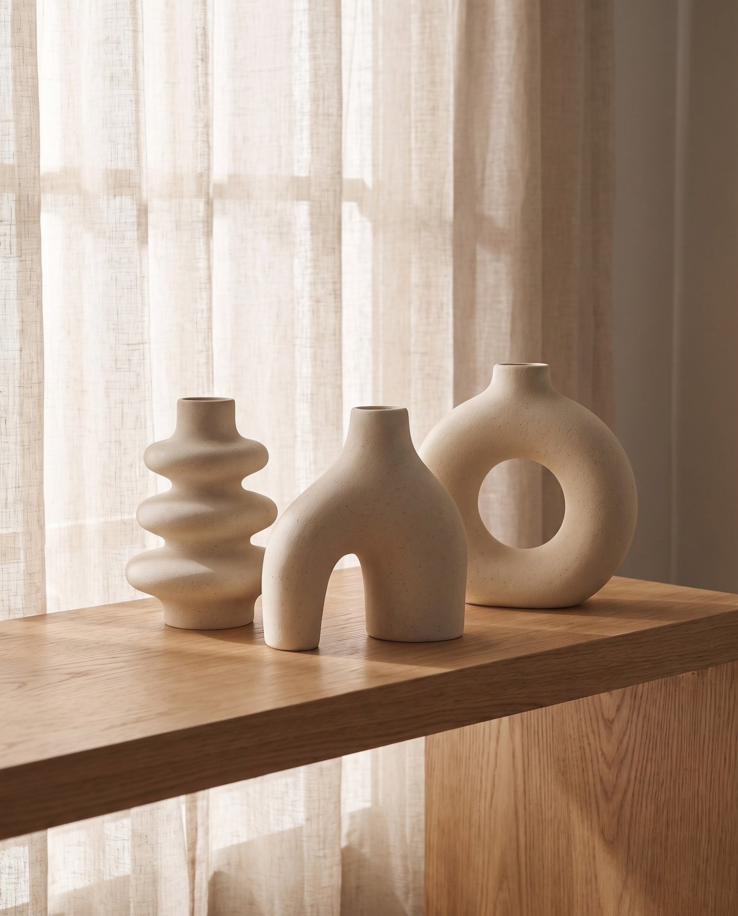 Sculptural ceramic vase trio in a warm minimalist room setting