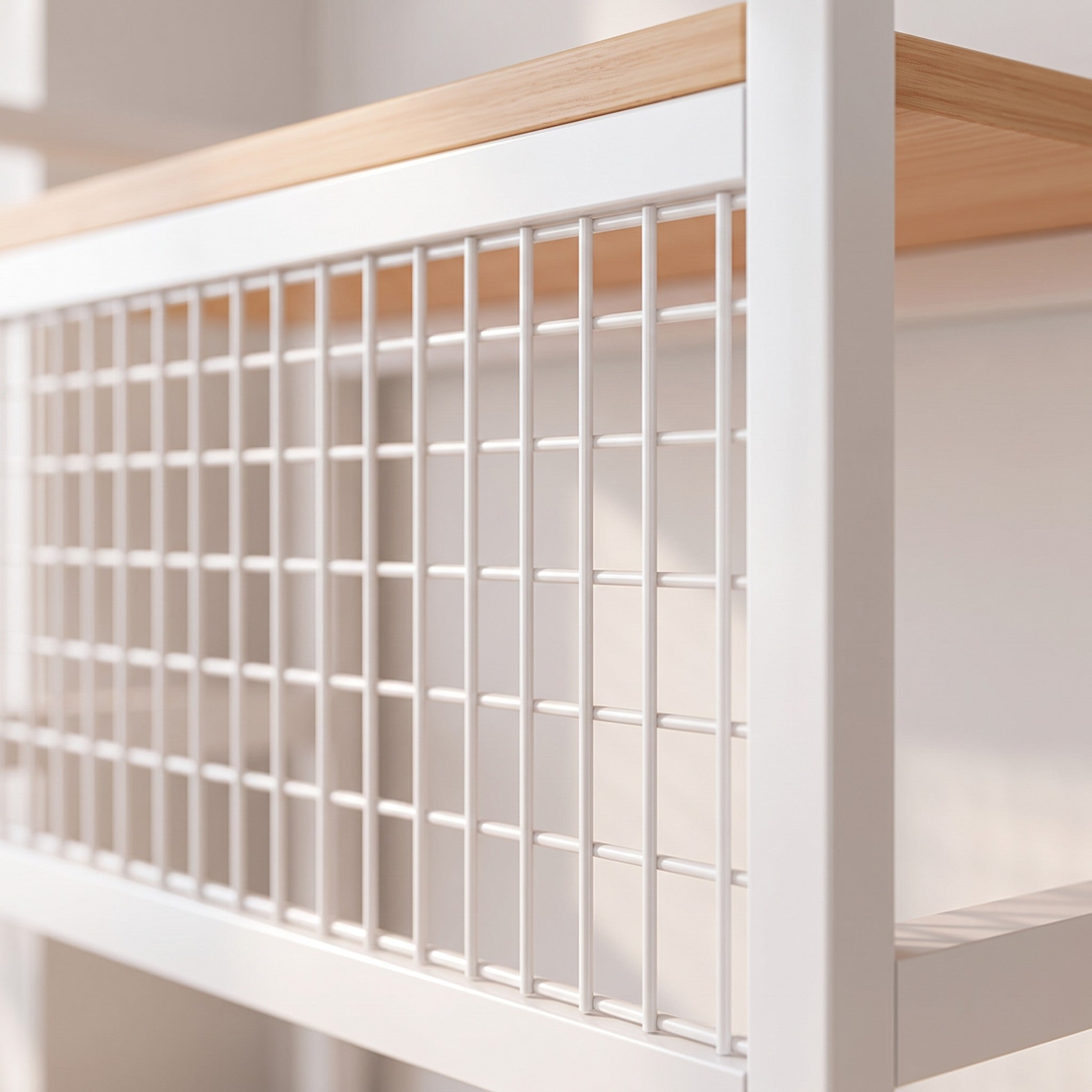 Close-up detail of grid-back desktop bookshelf