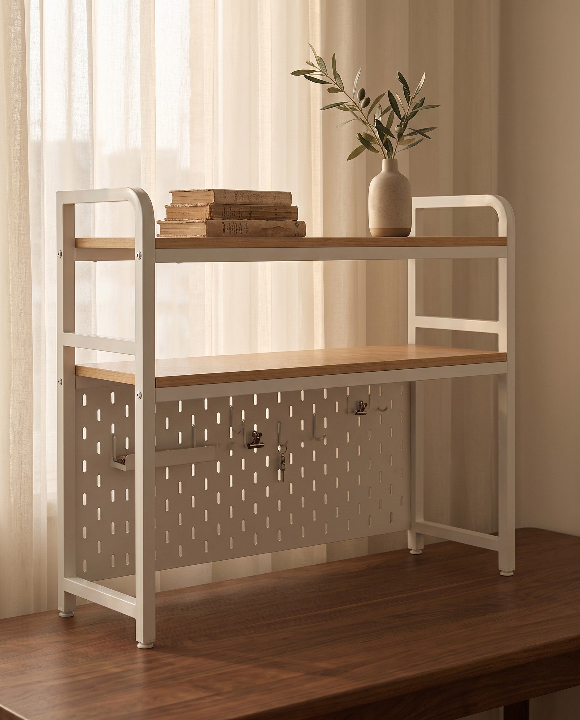 Grid-back desktop bookshelf styled on a desk scene
