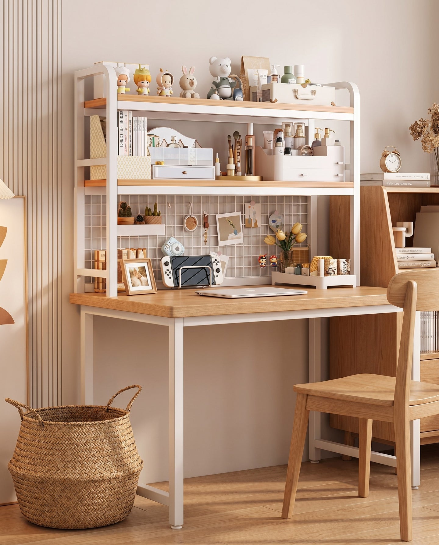 Grid-back desktop bookshelf in a warm minimalist workspace