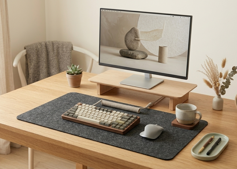 Wooden desk with computer setup, including monitor, keyboard, and mouse, in a home office setting.