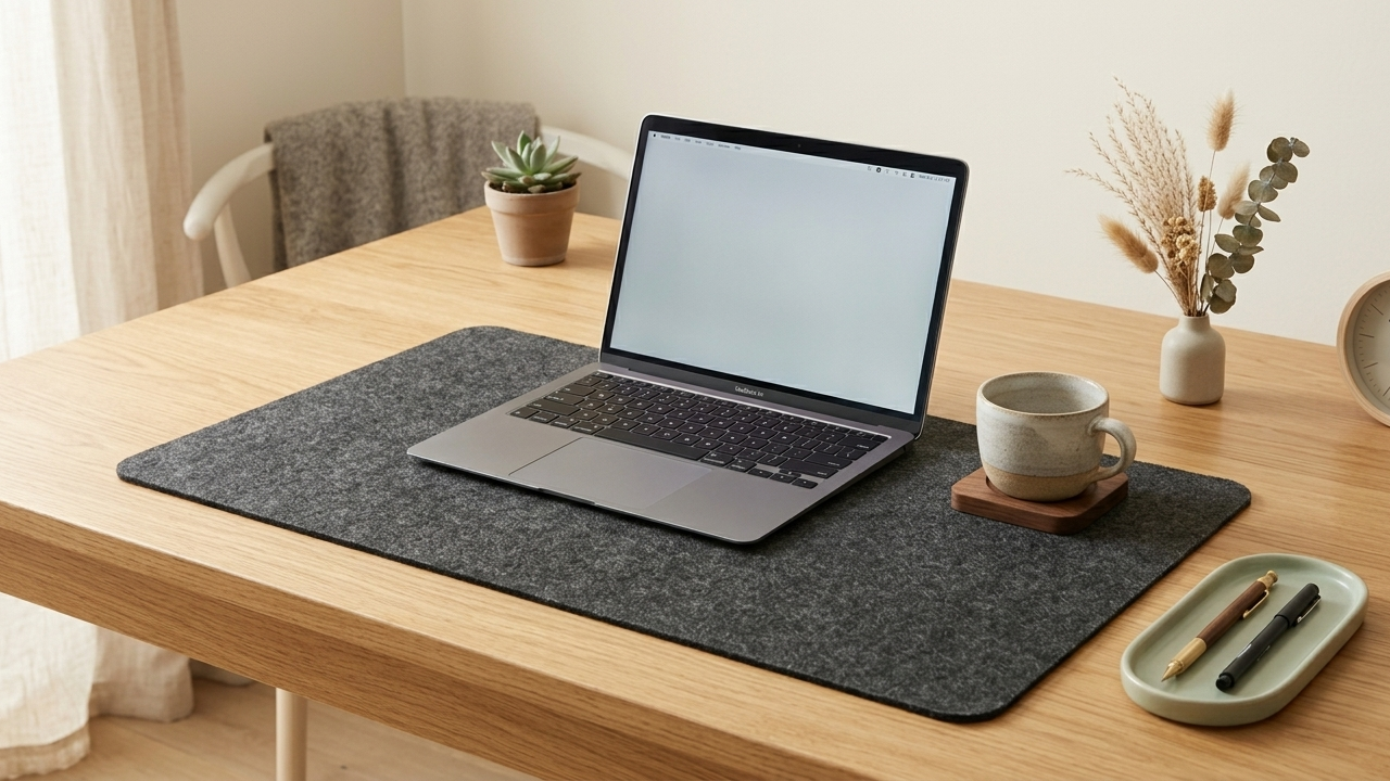 Laptop on a desk with a mouse pad, coffee cup, and stationery items.